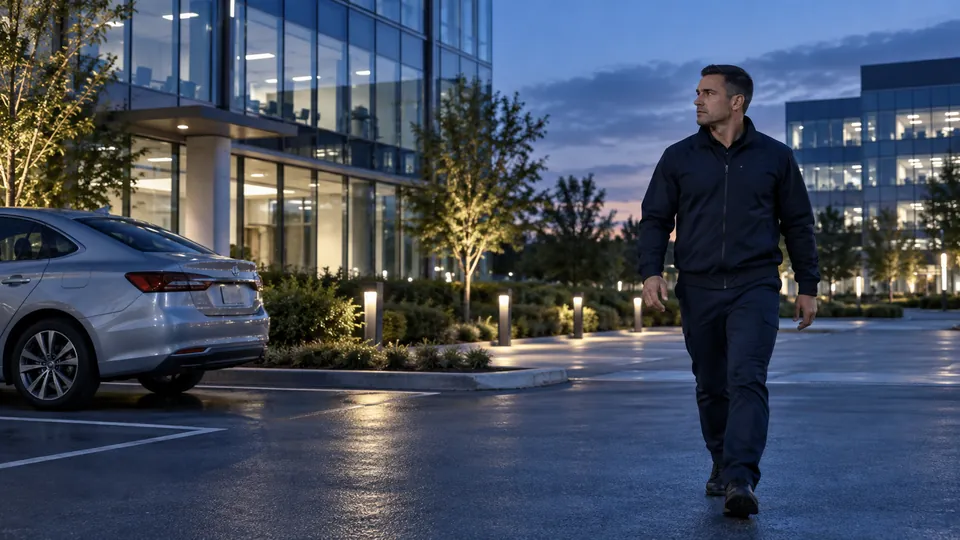 Illustrative unarmed officer patrolling a commercial property