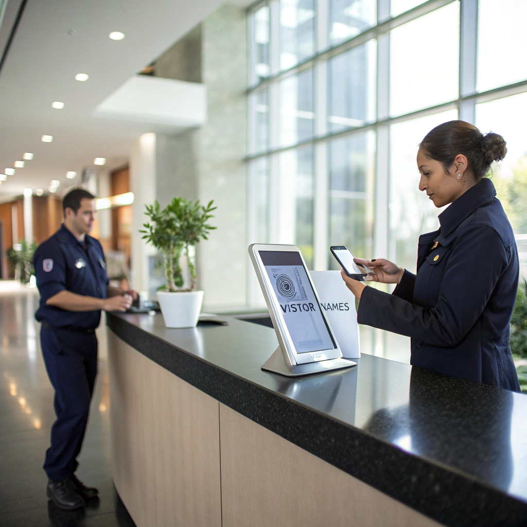 Professional security officer managing access at a corporate reception desk