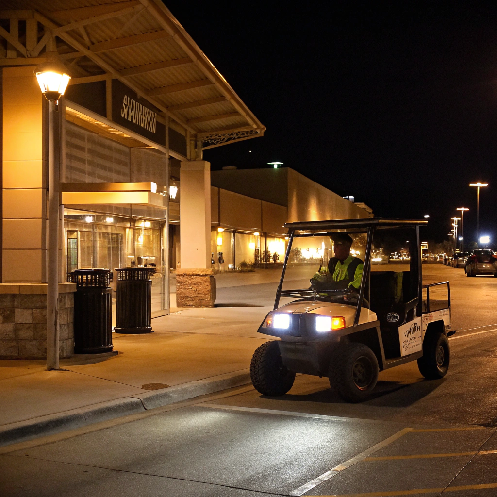 Security patrol vehicle monitoring a corporate facility at night