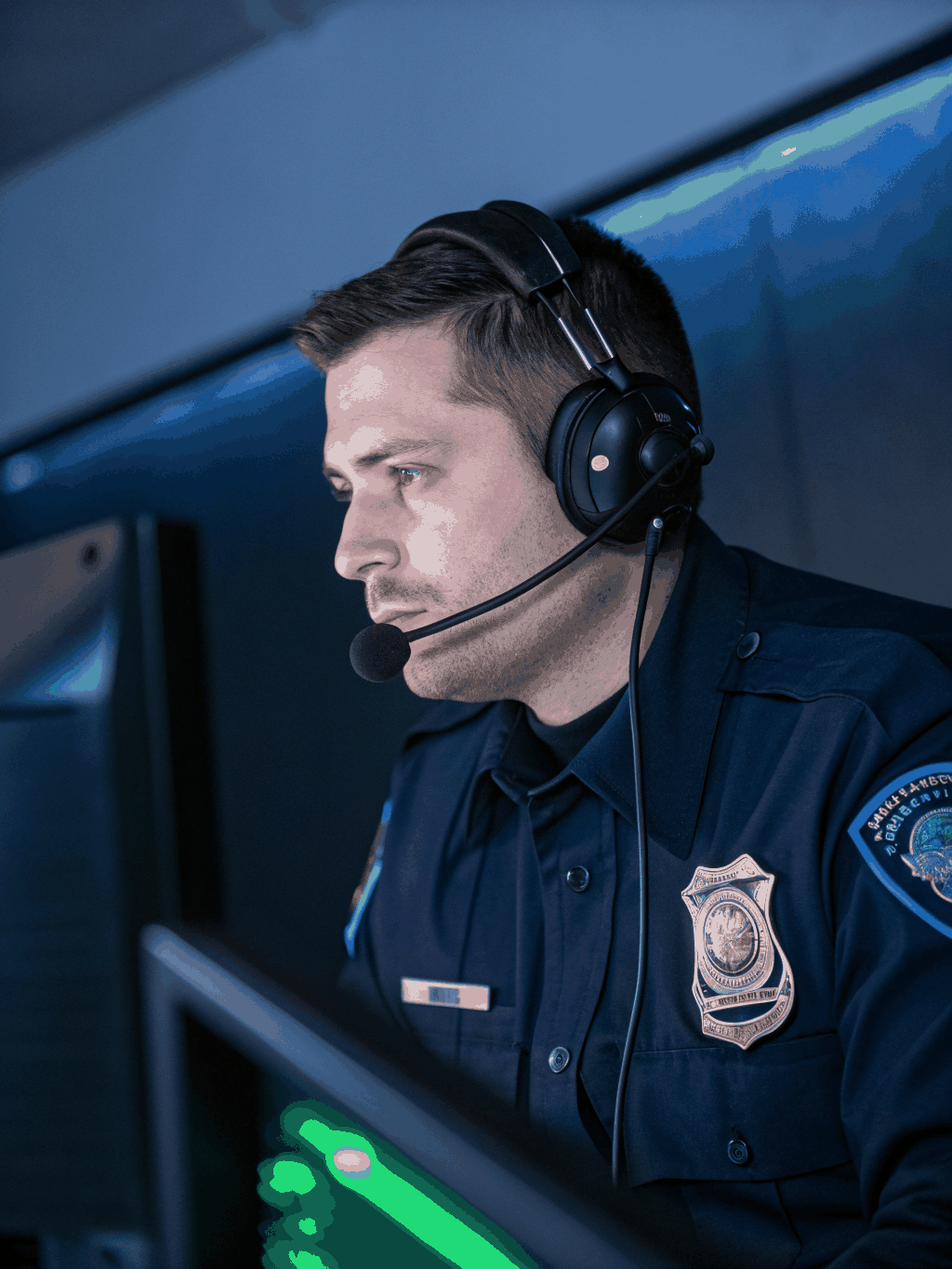 Hyrly security operative monitoring a corporate facility at night